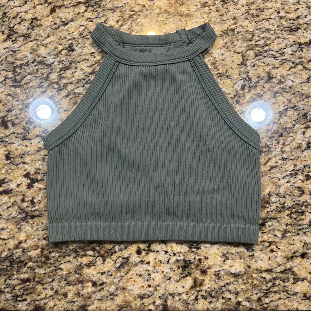 Aerie Real Good Ribbed High‎ Neck Crop Top Olive Green Racerback Medium